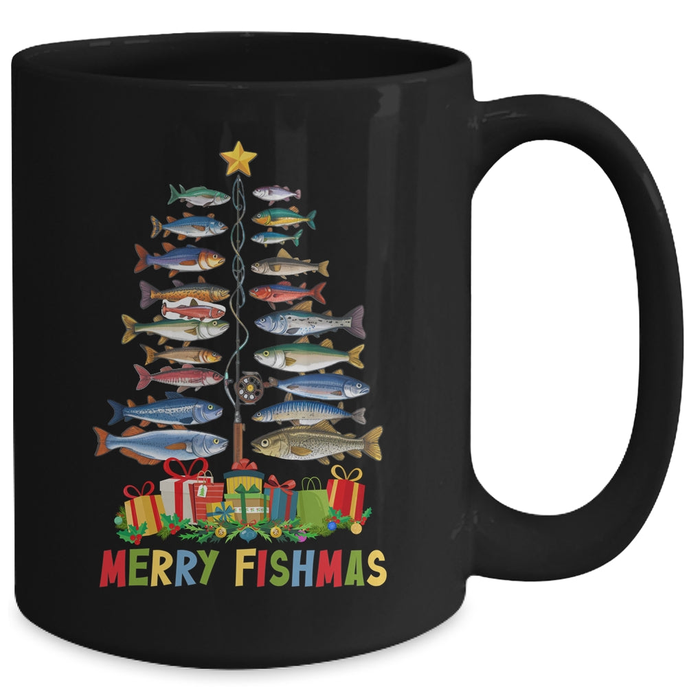 Merry Fishmas Funny Christmas Tree Lights Fishing Rod Fish Mug | teecentury