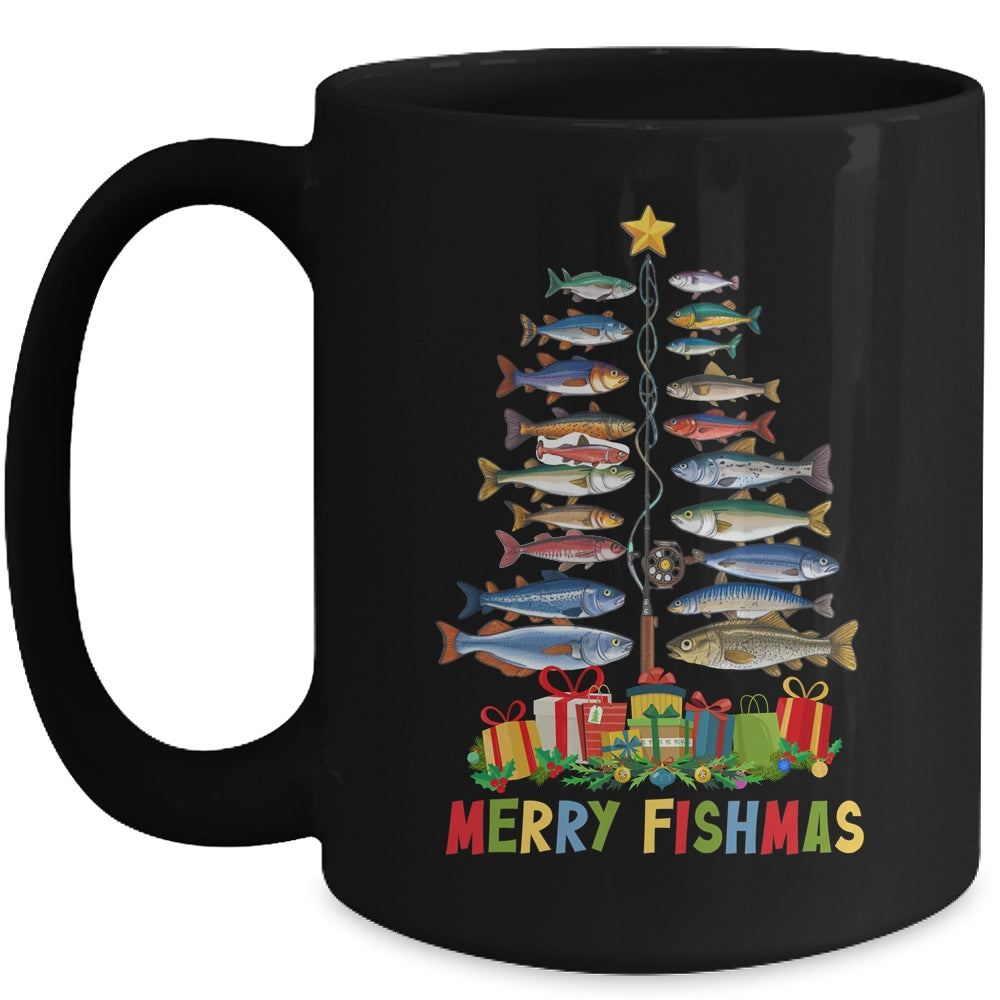 Merry Fishmas Funny Christmas Tree Lights Fishing Rod Fish Mug | teecentury