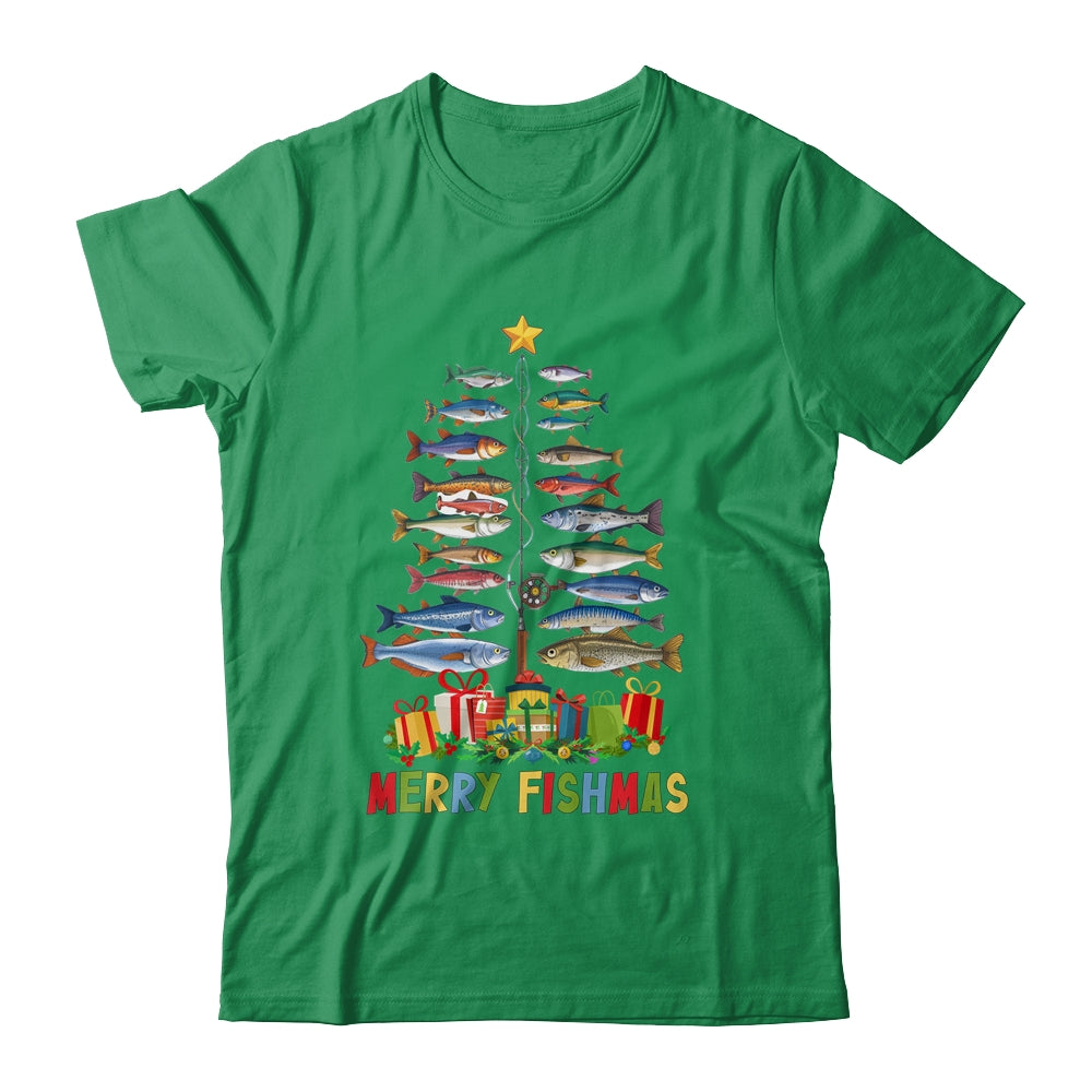 Merry Fishmas Funny Christmas Tree Lights Fishing Rod Fish Shirt & Sweatshirt | teecentury