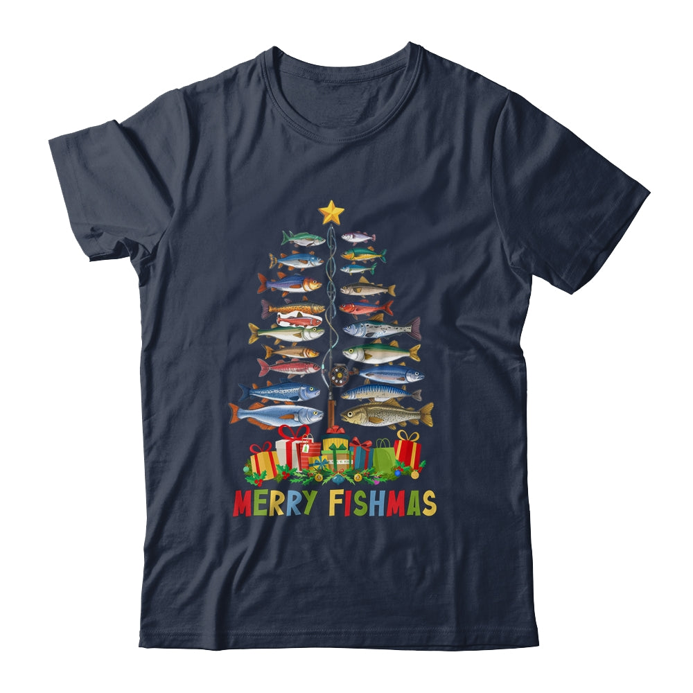 Merry Fishmas Funny Christmas Tree Lights Fishing Rod Fish Shirt & Sweatshirt | teecentury