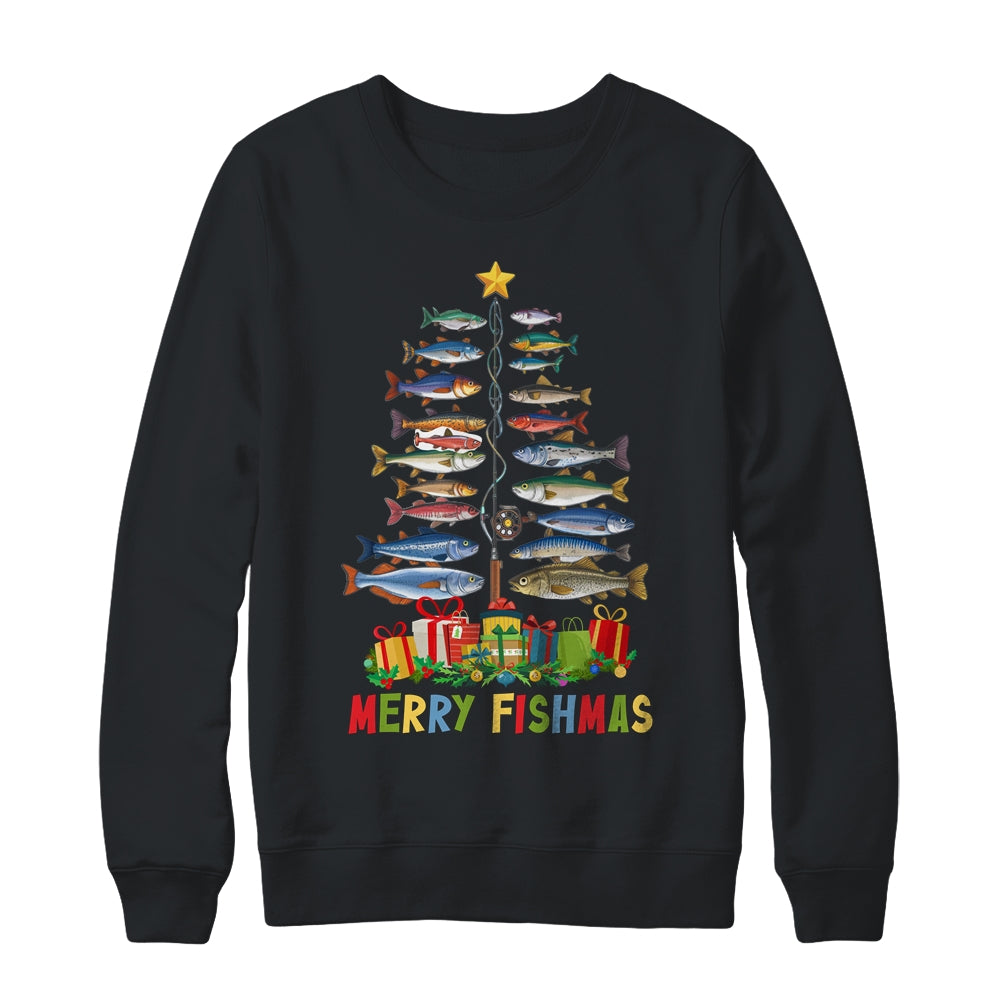 Merry Fishmas Funny Christmas Tree Lights Fishing Rod Fish Shirt & Sweatshirt | teecentury