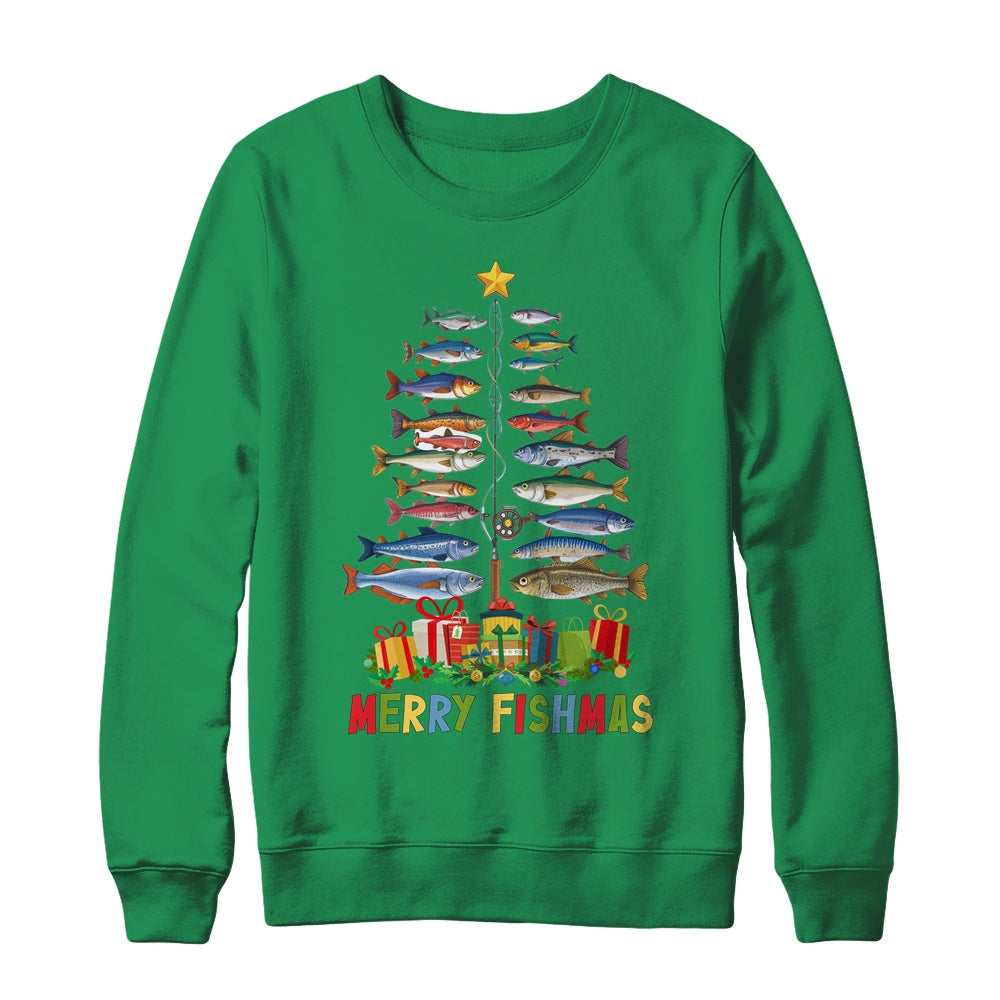 Merry Fishmas Funny Christmas Tree Lights Fishing Rod Fish Shirt & Sweatshirt | teecentury