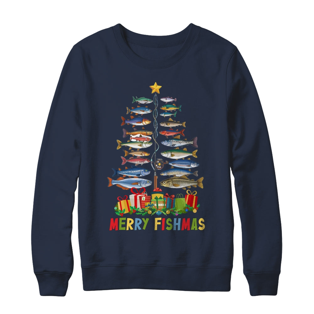Merry Fishmas Funny Christmas Tree Lights Fishing Rod Fish Shirt & Sweatshirt | teecentury