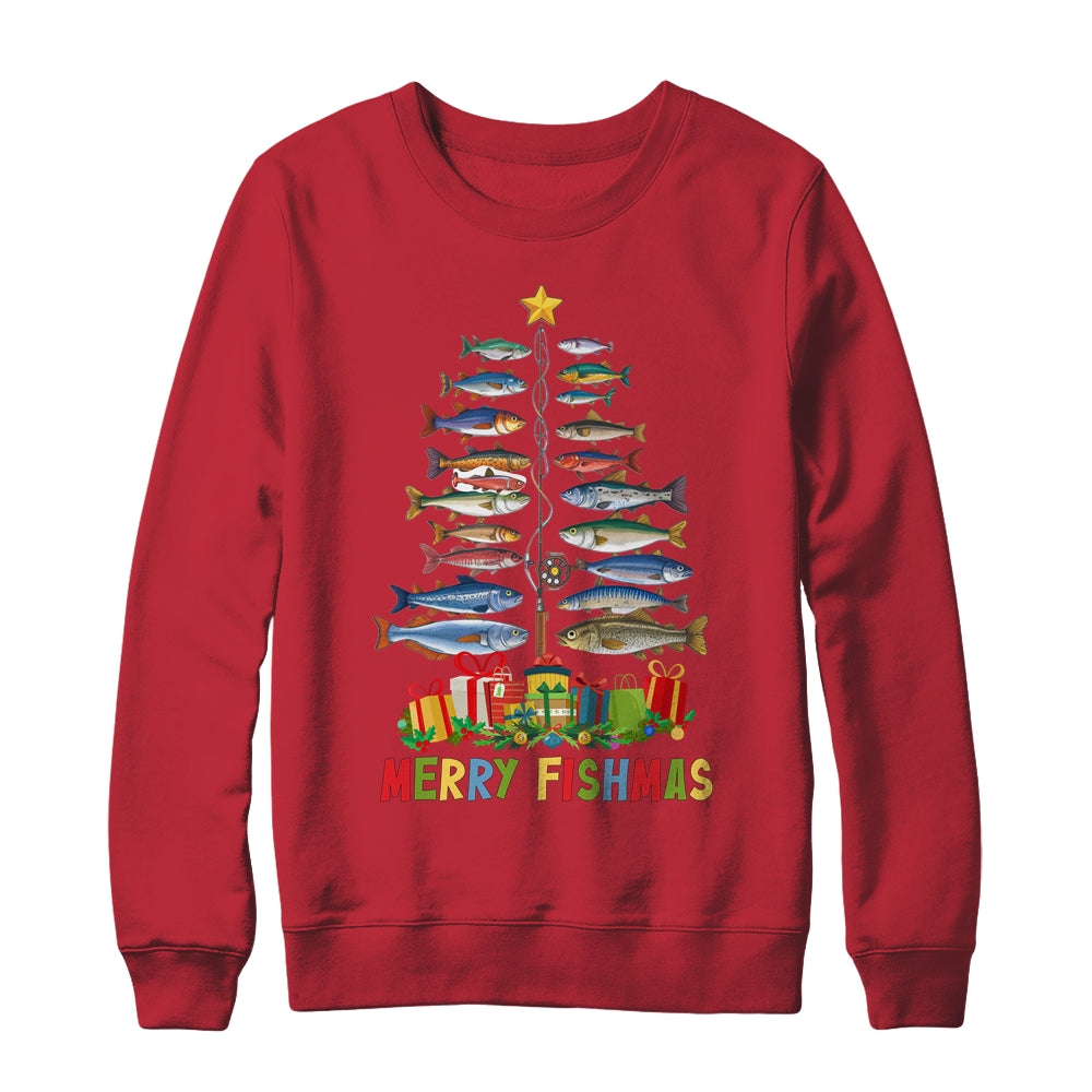 Merry Fishmas Funny Christmas Tree Lights Fishing Rod Fish Shirt & Sweatshirt | teecentury