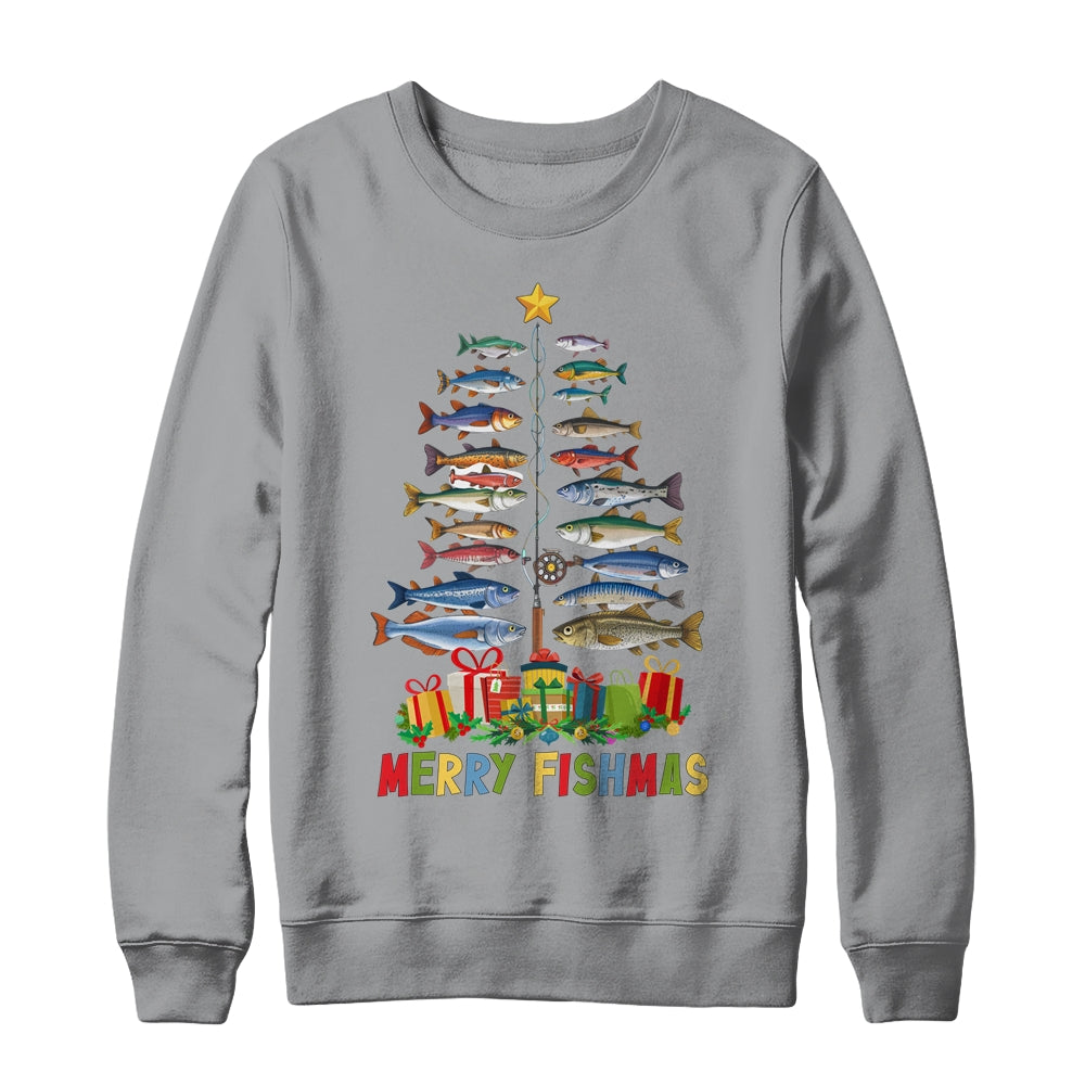 Merry Fishmas Funny Christmas Tree Lights Fishing Rod Fish Shirt & Sweatshirt | teecentury