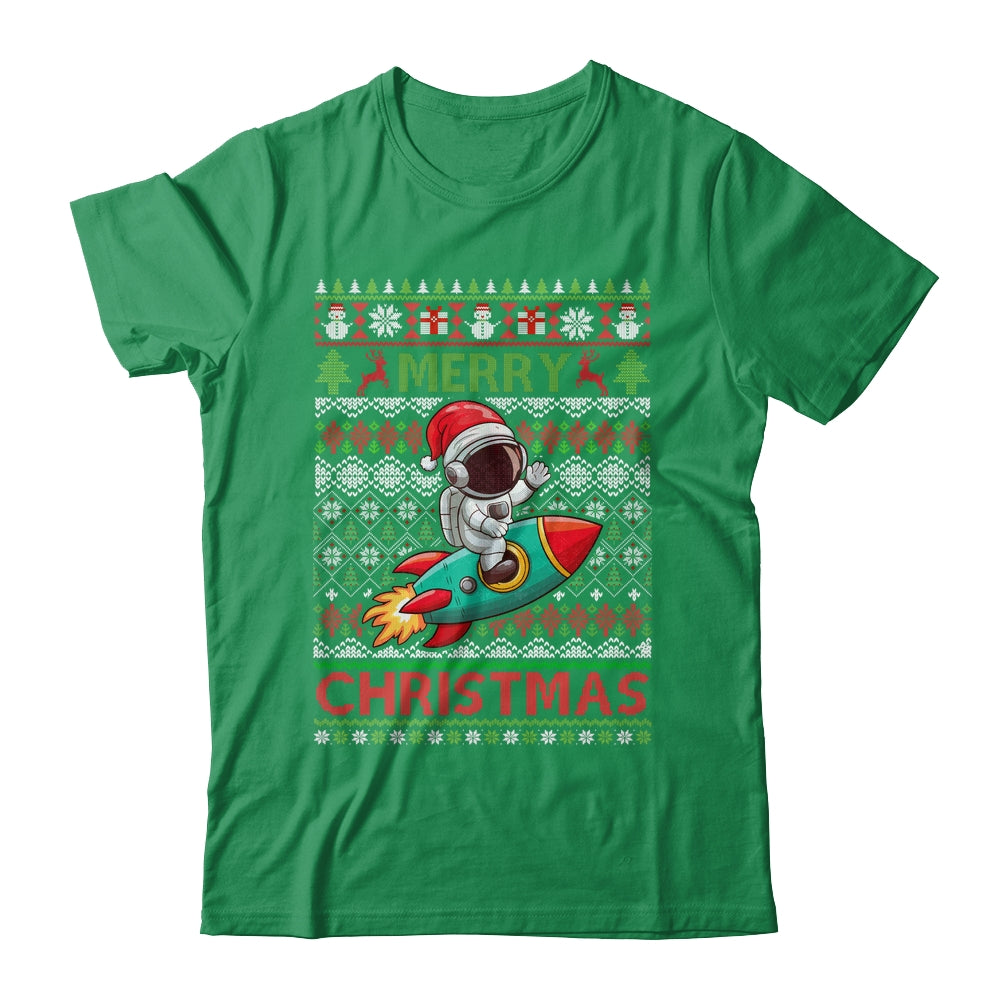 Merry Ugly Christmas Santa Hat Astronaut Riding Rocket Xmas Shirt & Sweatshirt | teecentury