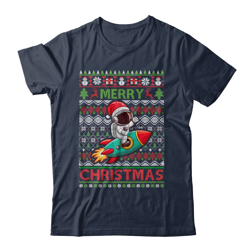 Merry Ugly Christmas Santa Hat Astronaut Riding Rocket Xmas Shirt & Sweatshirt | teecentury