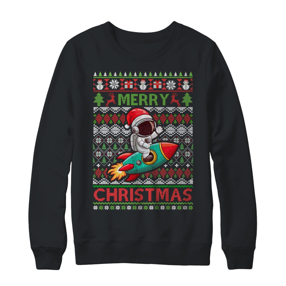 Merry Ugly Christmas Santa Hat Astronaut Riding Rocket Xmas Shirt & Sweatshirt | teecentury