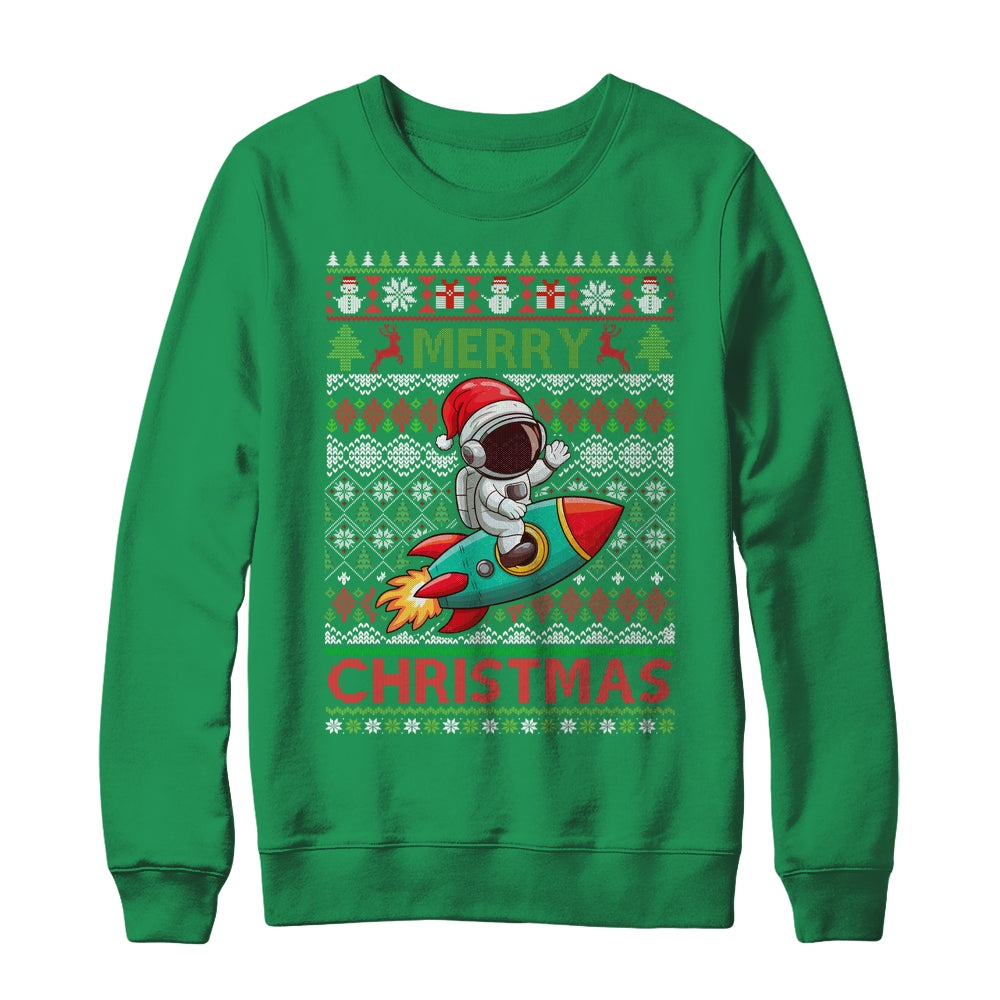 Merry Ugly Christmas Santa Hat Astronaut Riding Rocket Xmas Shirt & Sweatshirt | teecentury