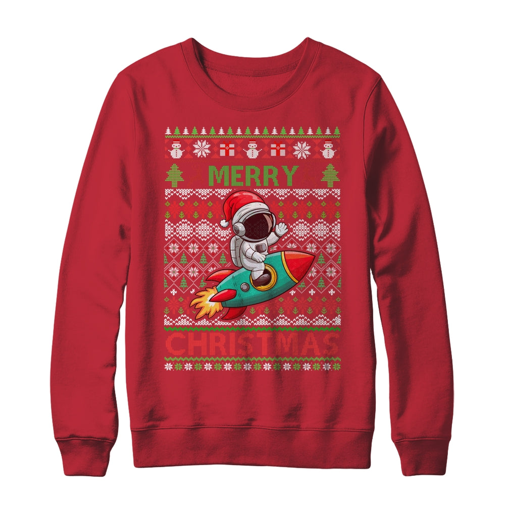 Merry Ugly Christmas Santa Hat Astronaut Riding Rocket Xmas Shirt & Sweatshirt | teecentury