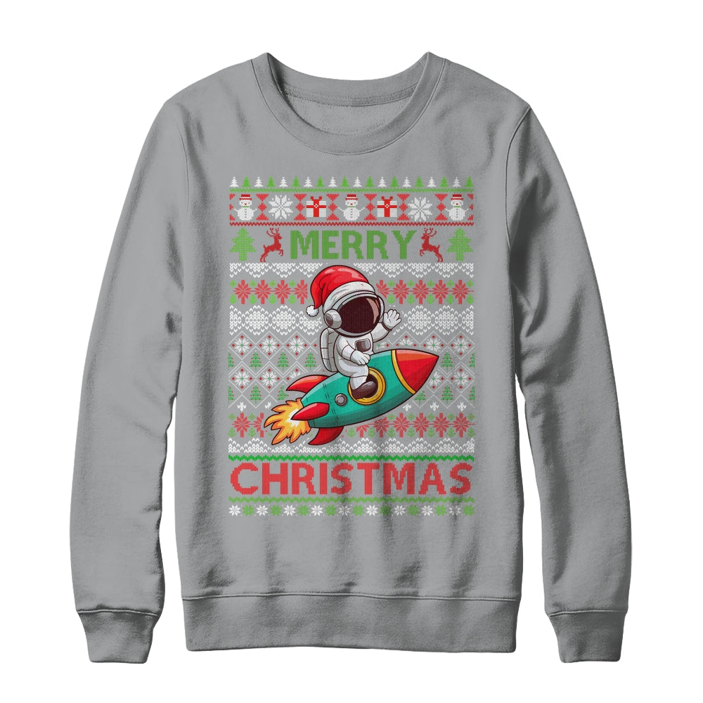 Merry Ugly Christmas Santa Hat Astronaut Riding Rocket Xmas Shirt & Sweatshirt | teecentury