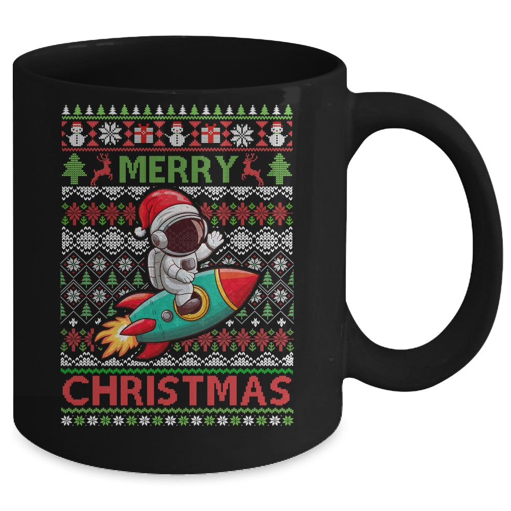 Merry Ugly Christmas Santa Hat Astronaut Riding Rocket Xmas Mug | teecentury