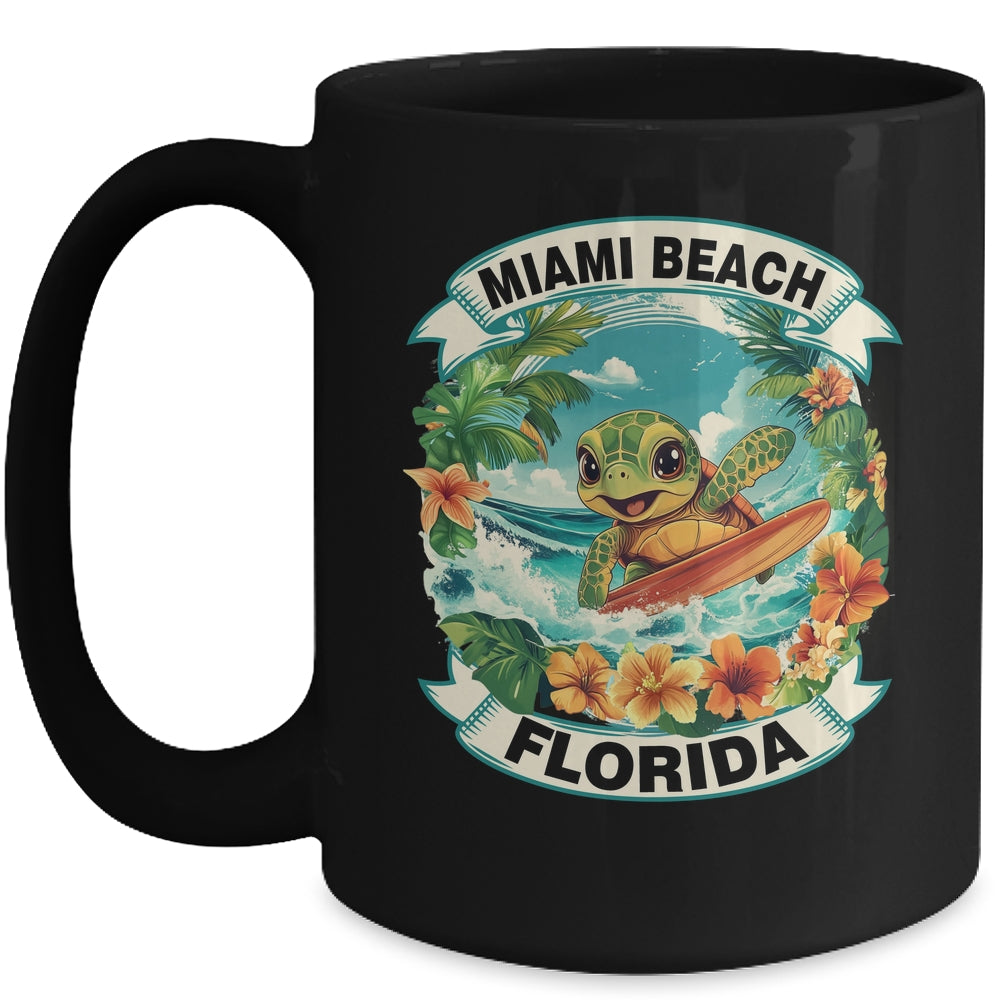 Miami Beach Florida Cute Sea Turtle Surfing Summer Vacation Mug | teecentury