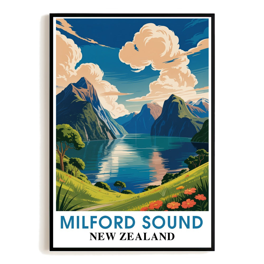 Milford Sound New Zealand Print Vintage Travel Poster Stunning Fiord Views Souvenir Wall Art Deco Landscape Painting For Home Decor Living Room Office Bedroom Unframed | teecentury