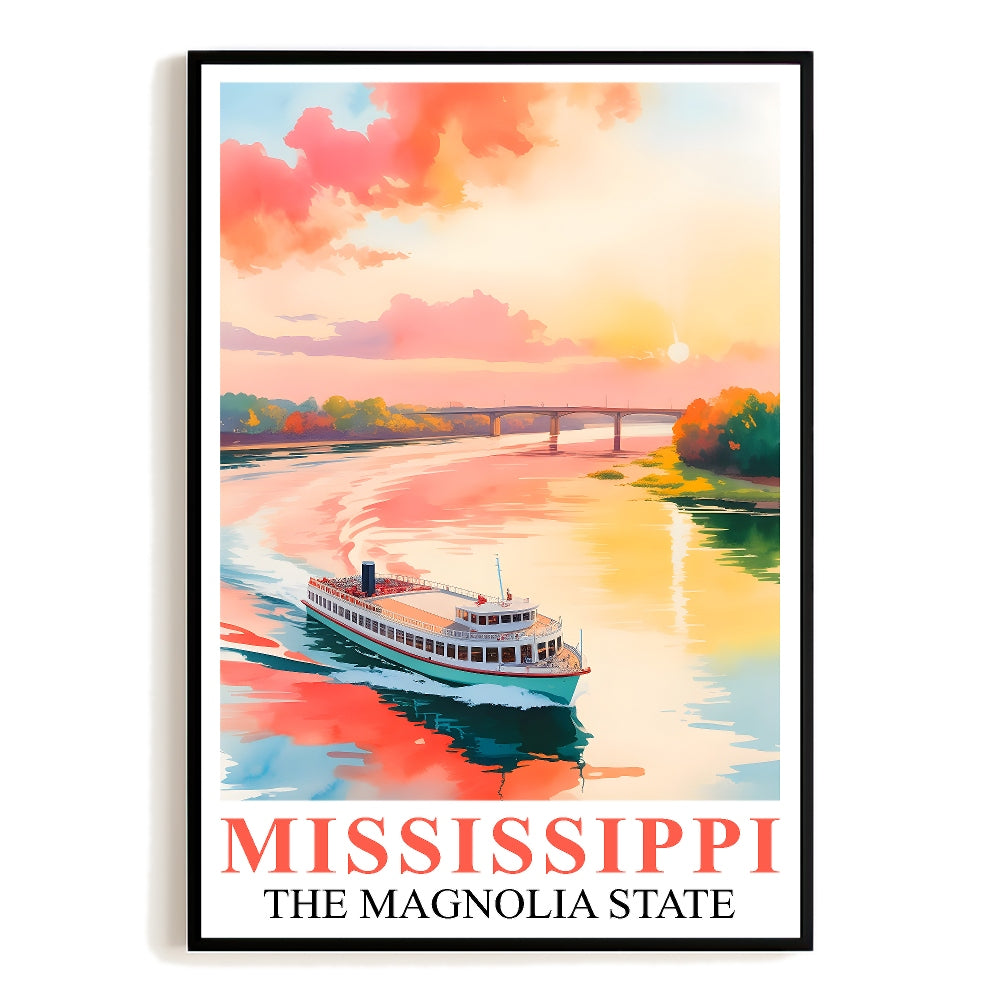 Mississippi Print Travel Poster Boating River Sunset Magnolia State Souvenir Wall Art Landscape Painting Ideal Gift For Home Living Room Office Bedroom Decor Unframed | teecentury