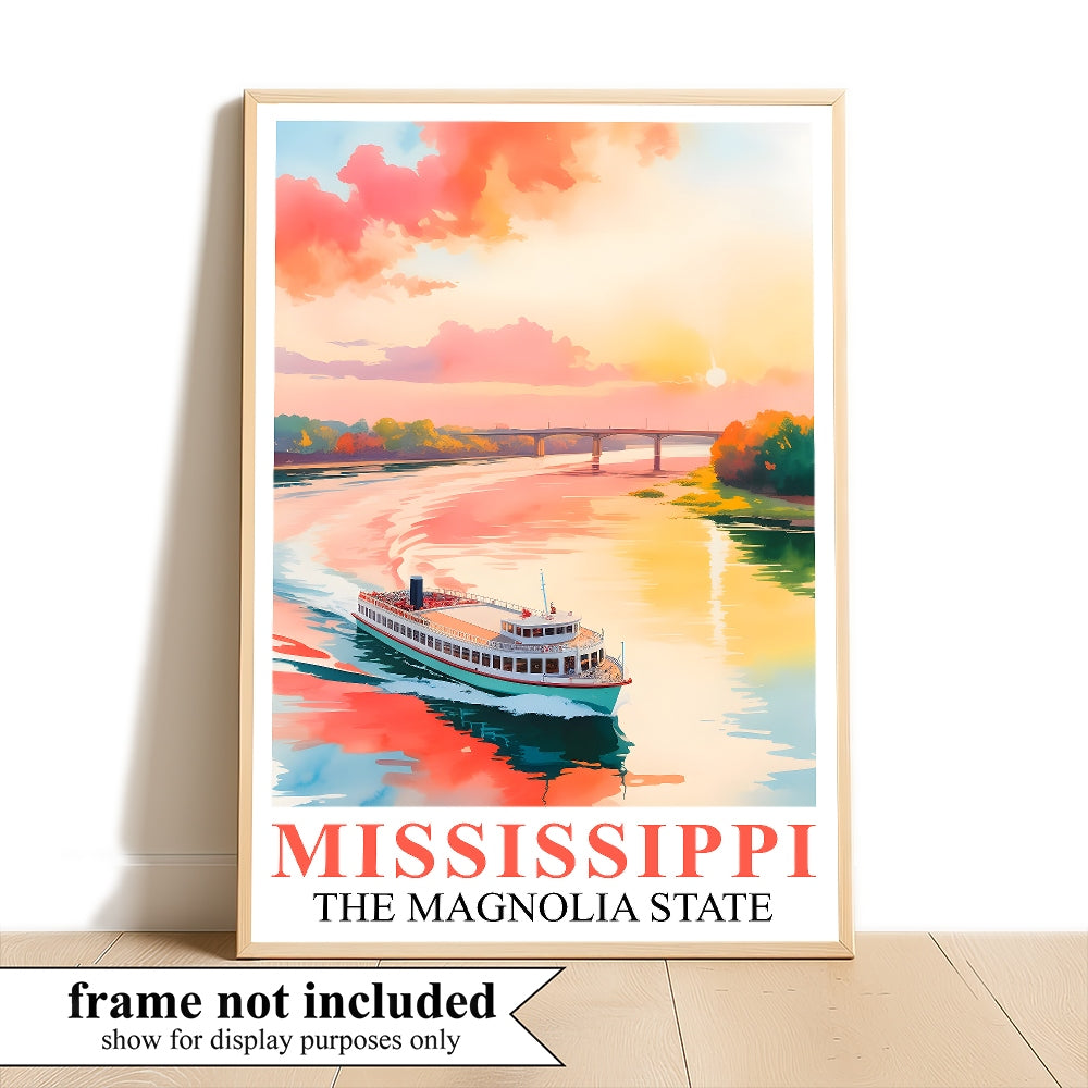 Mississippi Print Travel Poster Boating River Sunset Magnolia State Souvenir Wall Art Landscape Painting Ideal Gift For Home Living Room Office Bedroom Decor Unframed | teecentury