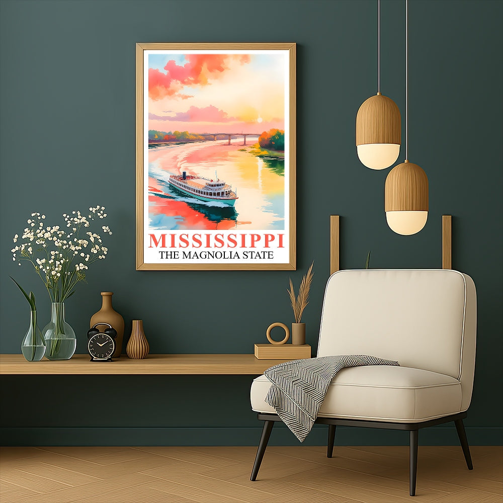 Mississippi Print Travel Poster Boating River Sunset Magnolia State Souvenir Wall Art Landscape Painting Ideal Gift For Home Living Room Office Bedroom Decor Unframed | teecentury