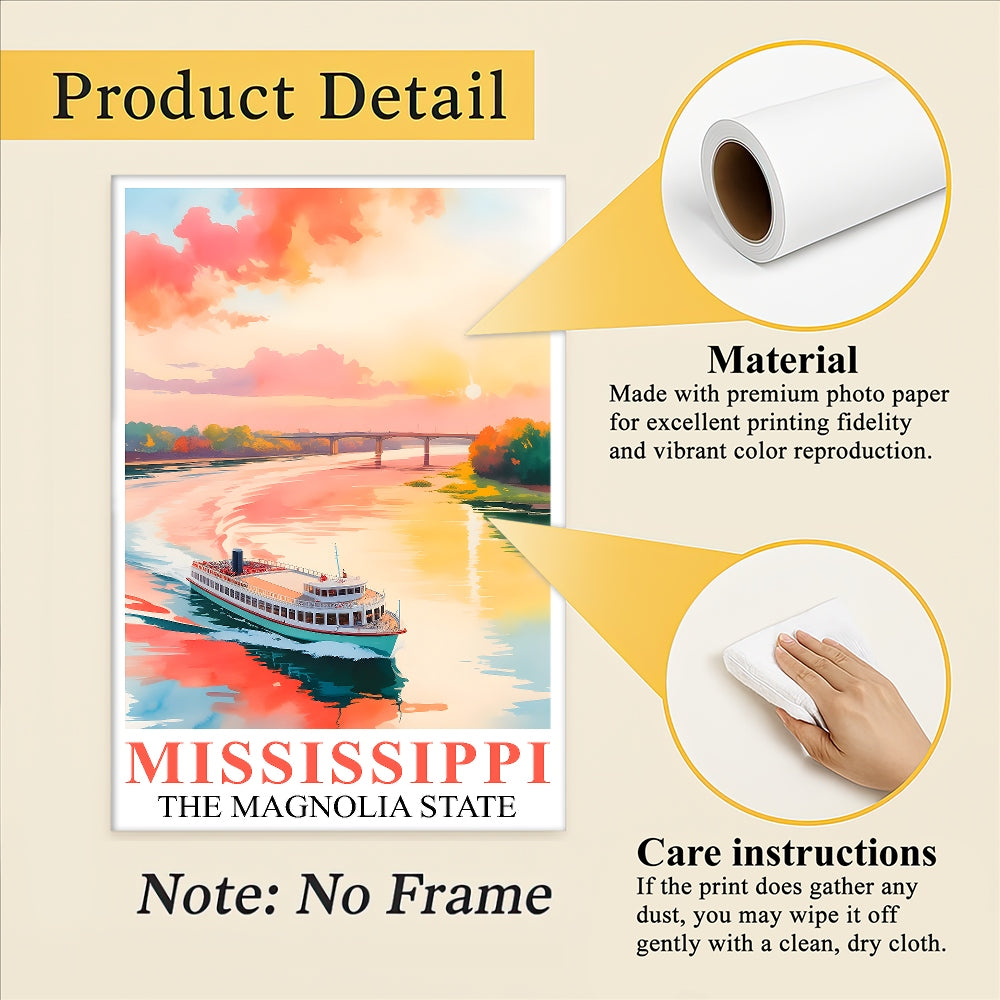 Mississippi Print Travel Poster Boating River Sunset Magnolia State Souvenir Wall Art Landscape Painting Ideal Gift For Home Living Room Office Bedroom Decor Unframed | teecentury