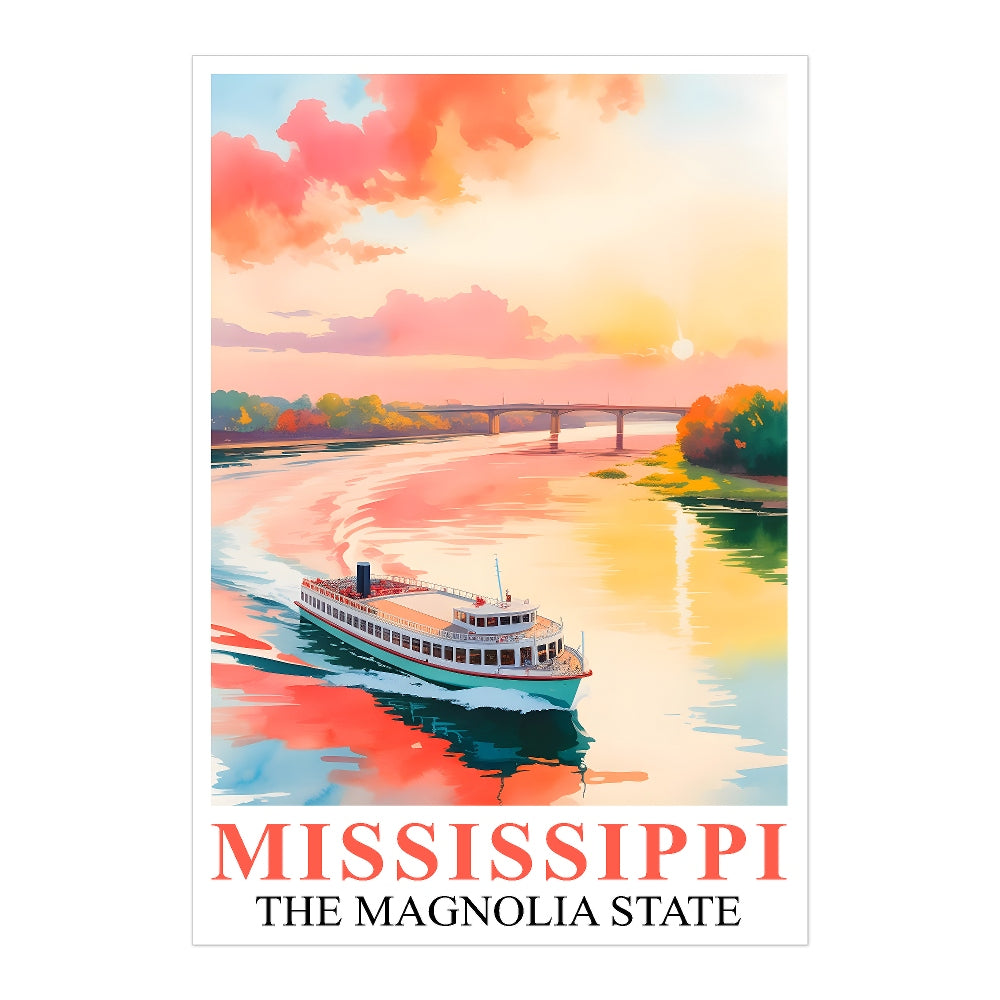 Mississippi Print Travel Poster Boating River Sunset Magnolia State Souvenir Wall Art Landscape Painting Ideal Gift For Home Living Room Office Bedroom Decor Unframed | teecentury