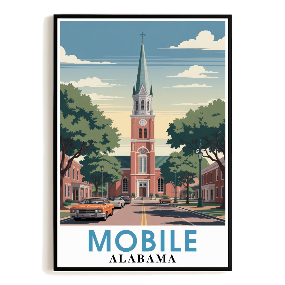 Mobile Alabama Vintage Travel Poster Cathedral Church Street Scene Wall Art Decor Landscape Print Painting Ideal For Home Office Living Room Bedroom Decor Unframed | teecentury