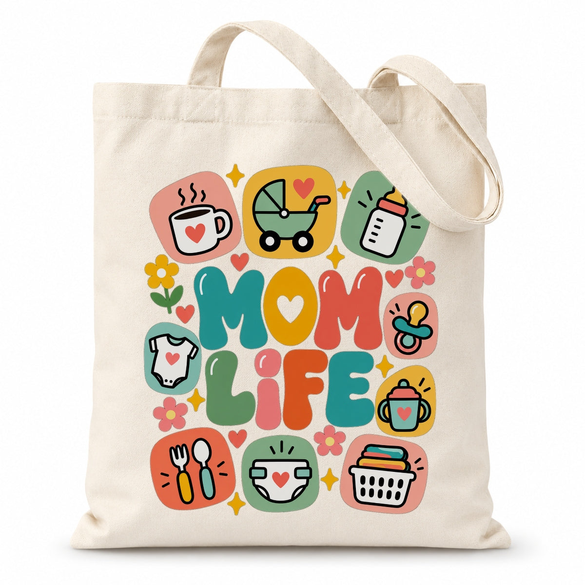 Mom Life Tote Bag Aesthetic Canvas Shoulder Bag With Cute Baby Icons Coffee Wine Pacifier Design Gifts For Mommy Friend New Mom Women Mothers Day Birthday Present | teecentury