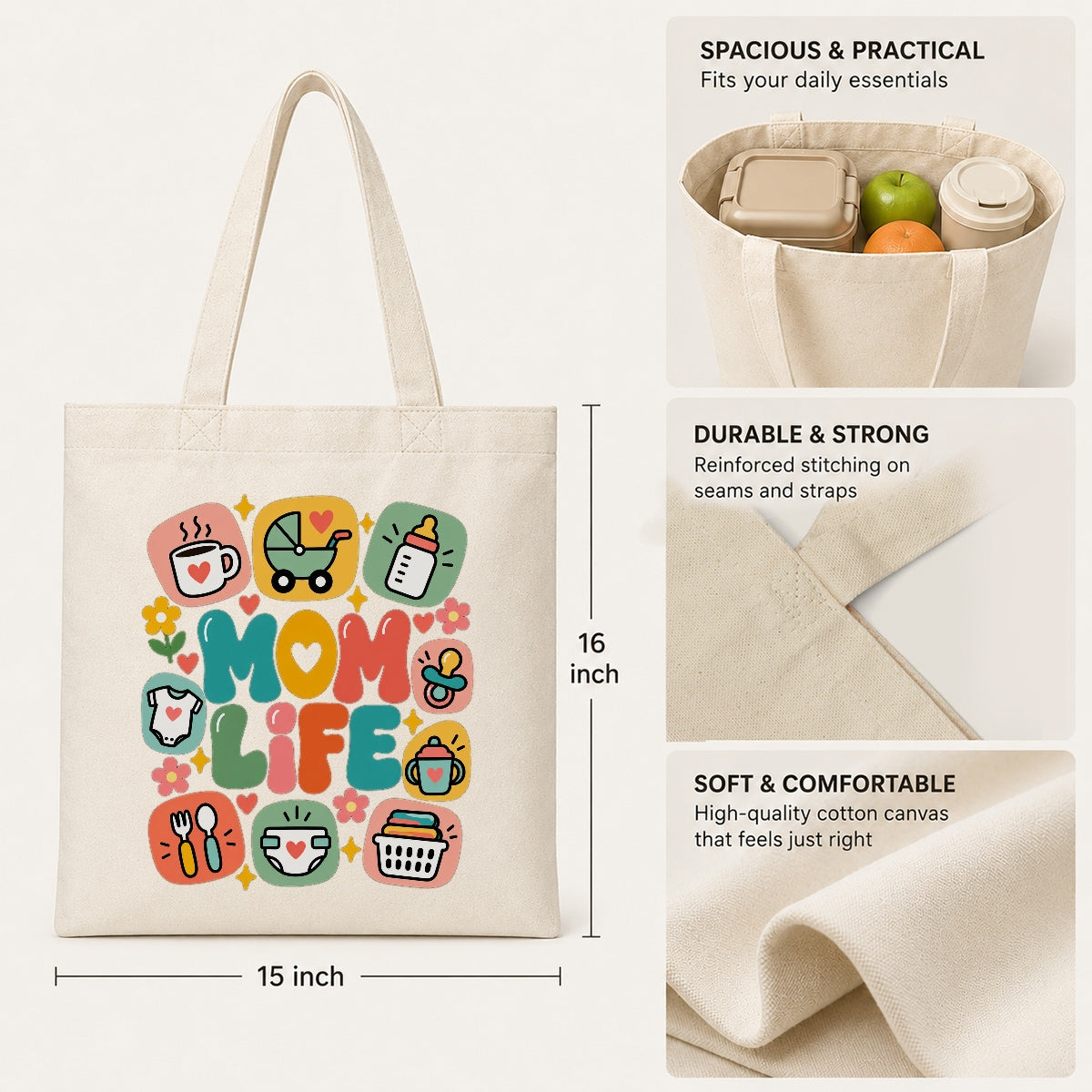 Mom Life Tote Bag Aesthetic Canvas Shoulder Bag With Cute Baby Icons Coffee Wine Pacifier Design Gifts For Mommy Friend New Mom Women Mothers Day Birthday Present | teecentury