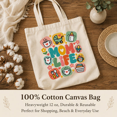 Mom Life Tote Bag Aesthetic Canvas Shoulder Bag With Cute Baby Icons Coffee Wine Pacifier Design Gifts For Mommy Friend New Mom Women Mothers Day Birthday Present | teecentury