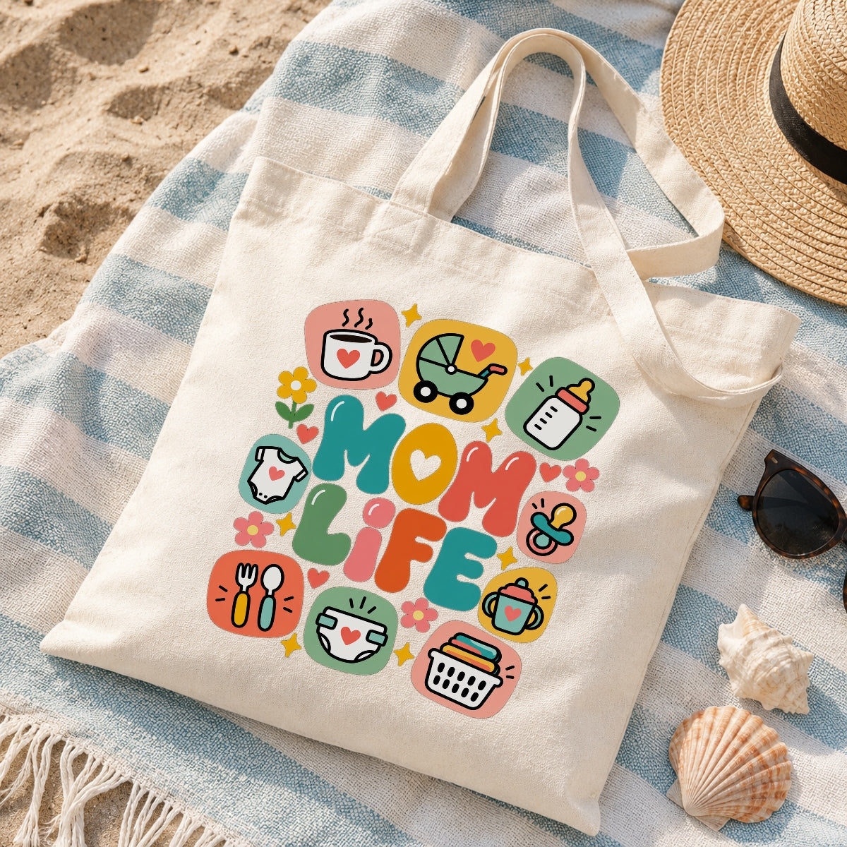 Mom Life Tote Bag Aesthetic Canvas Shoulder Bag With Cute Baby Icons Coffee Wine Pacifier Design Gifts For Mommy Friend New Mom Women Mothers Day Birthday Present | teecentury