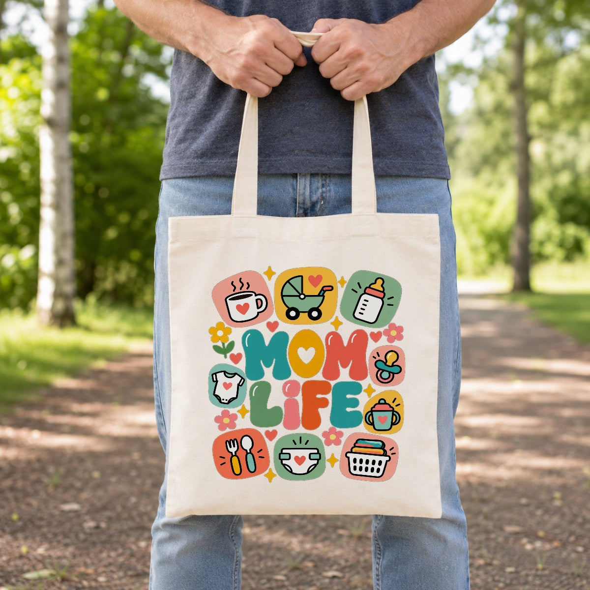 Mom Life Tote Bag Aesthetic Canvas Shoulder Bag With Cute Baby Icons Coffee Wine Pacifier Design Gifts For Mommy Friend New Mom Women Mothers Day Birthday Present | teecentury