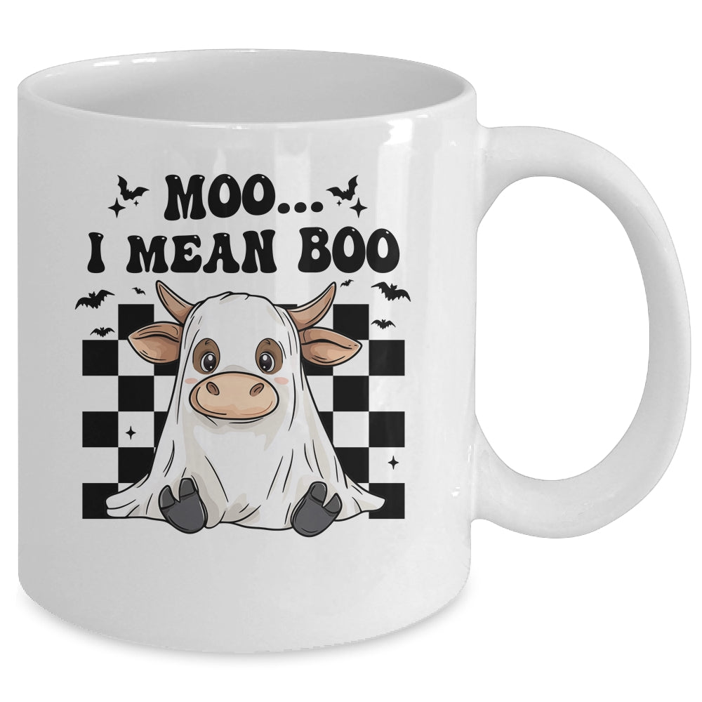 Moo I Mean Boo Spooky Highland Cow Halloween Ghost Costume Mug | teecentury