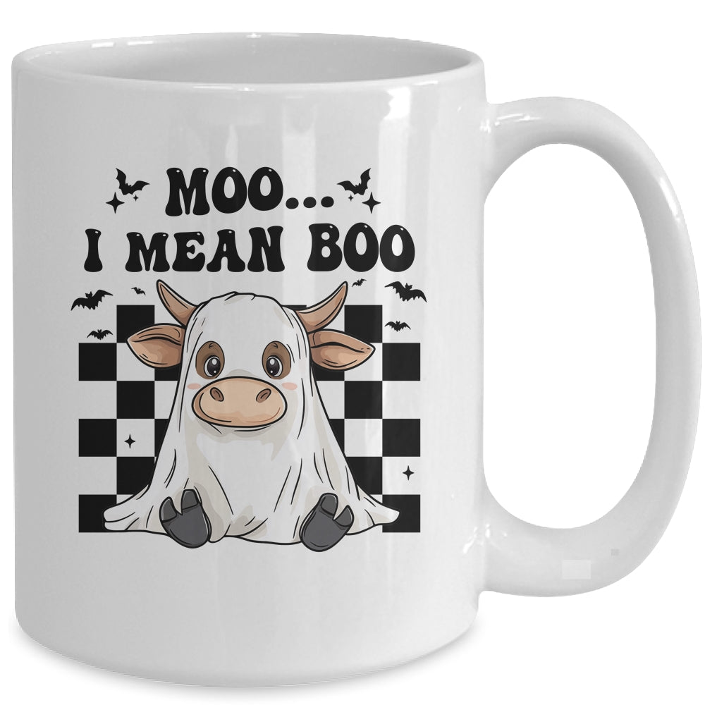 Moo I Mean Boo Spooky Highland Cow Halloween Ghost Costume Mug | teecentury