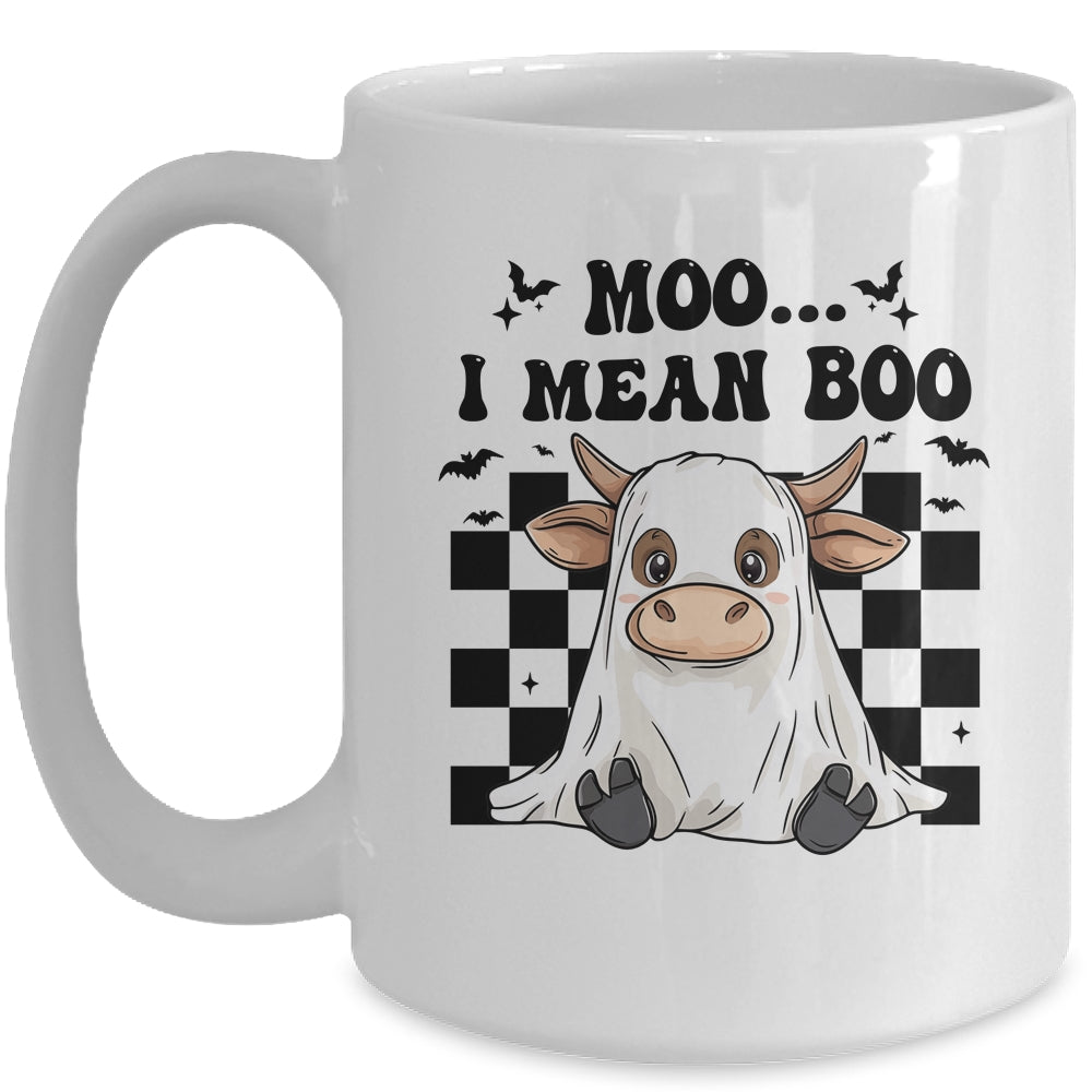 Moo I Mean Boo Spooky Highland Cow Halloween Ghost Costume Mug | teecentury