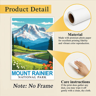 Mount Rainier National Park Poster Nature Lovers Ideal Travel And Adventure Gift Landscape Wall Art Decor For Home And Office Perfect For Living Room Bedroom Unframed | teecentury