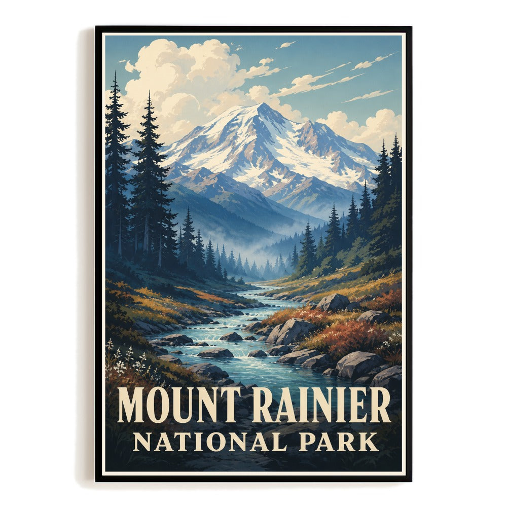 Mount Rainier National Park Travel Poster Retro Mountain Landscape Wall Art Vintage Nature Lovers Print Home Office Living Room Bedroom Decor Souvenir Gift Unframed | teecentury