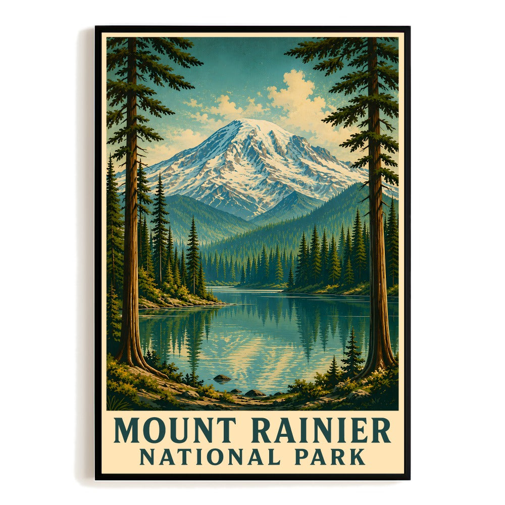 Mount Rainier National Park Vintage Travel Poster Mountain Lake Forest Landscape Art Print Pacific Northwest Nature Scene Ideal For Home Living Room Decor Unframed | teecentury