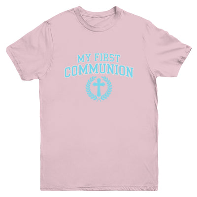 My First Communion Boys Catholic Religious Cross Blue Youth Shirt | teecentury
