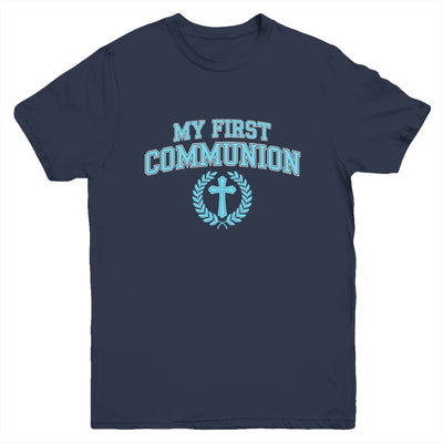 My First Communion Boys Catholic Religious Cross Blue Youth Shirt | teecentury