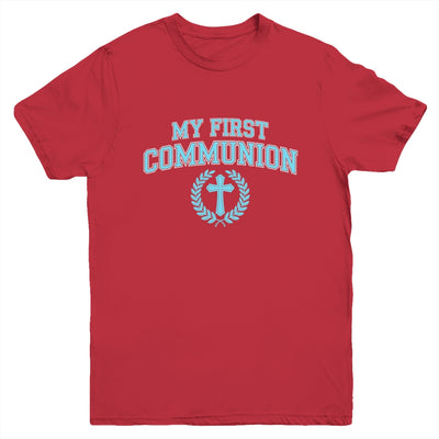 My First Communion Boys Catholic Religious Cross Blue Youth Shirt | teecentury