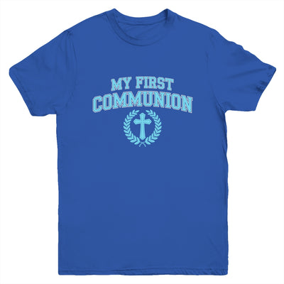 My First Communion Boys Catholic Religious Cross Blue Youth Shirt | teecentury