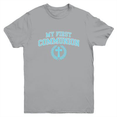 My First Communion Boys Catholic Religious Cross Blue Youth Shirt | teecentury
