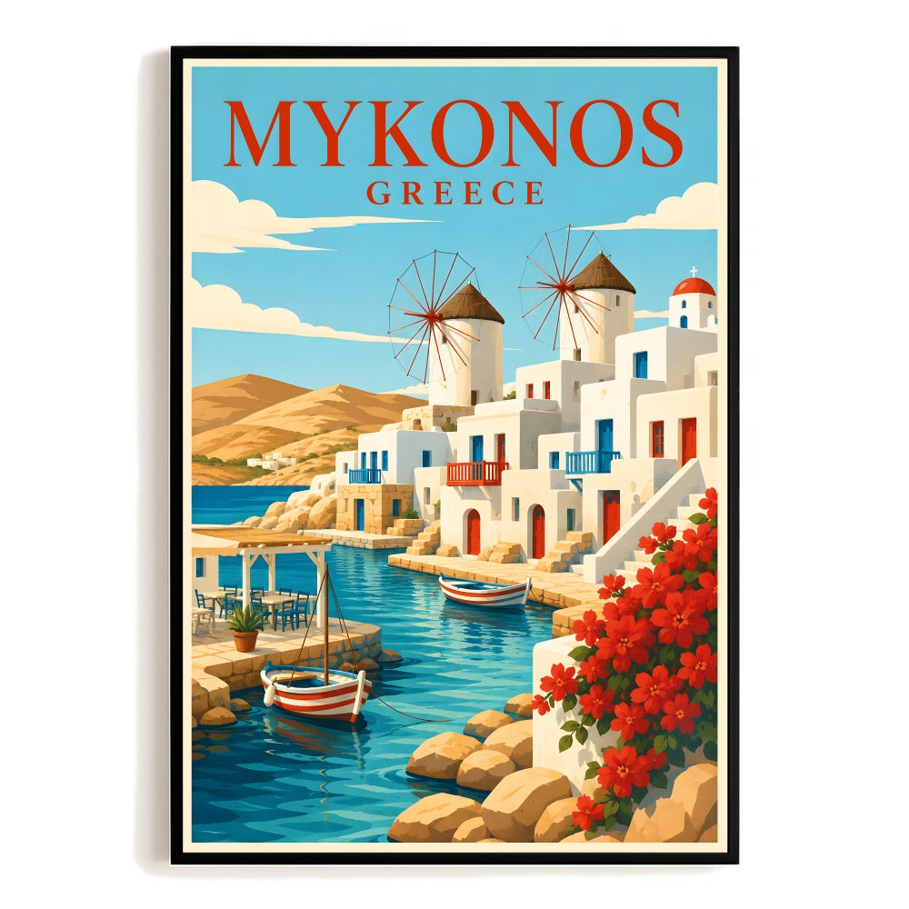 Mykonos Greece Travel Poster Mediterranean Windmills Island Wall Art Vintage Landscape Print Painting Ideal For Home Living Room Office Bedroom Kitchen Decor Unframed | teecentury