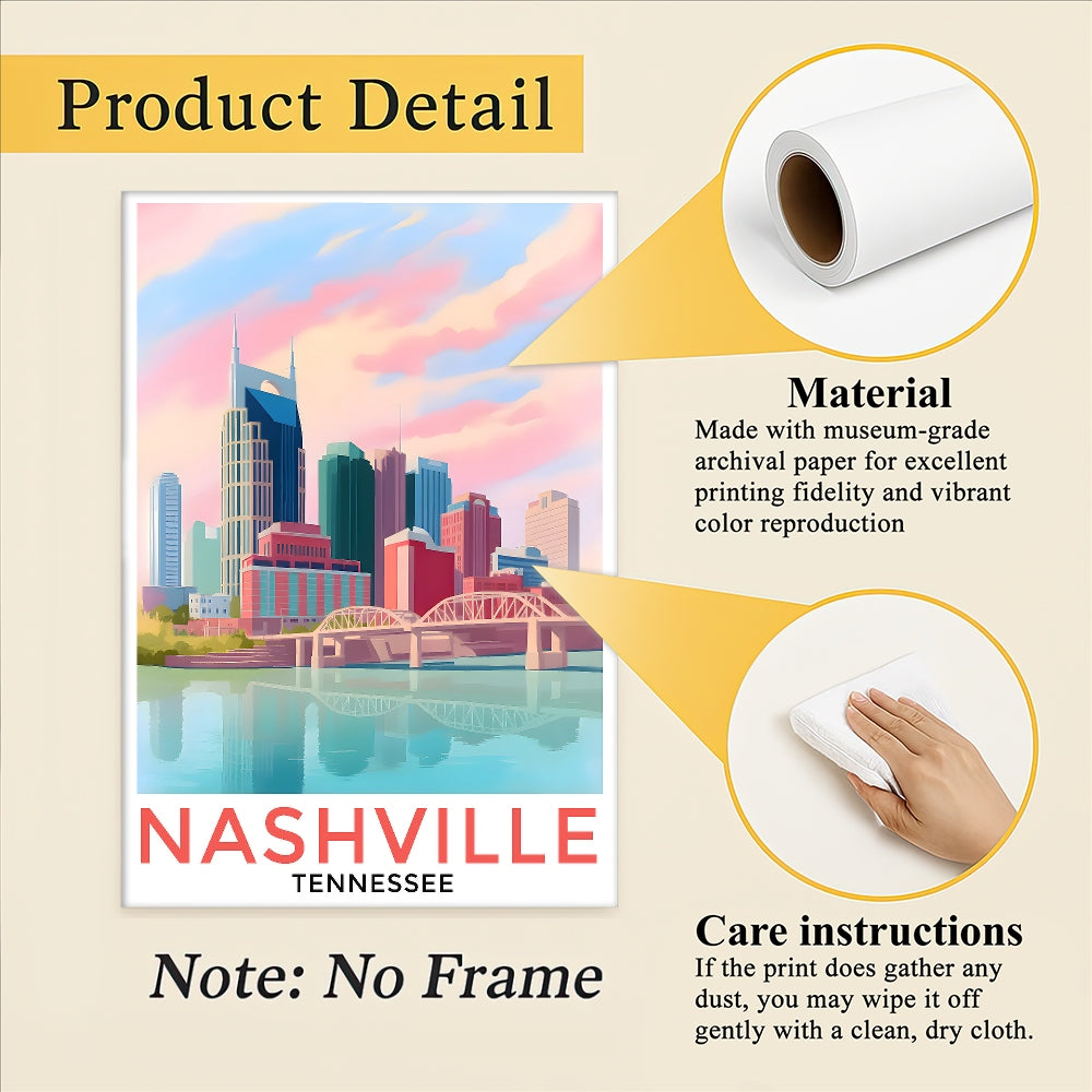 Nashville Travel Print Poster City Tennessee Souvenir Wall Art Landscape Painting Picture Suitable For Home Room Living Room Bedroom Aesthetic Decor Unframed | teecentury