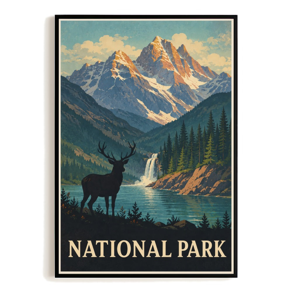 National Park Mountain Deer Landscape Poster Wall Art Decor Vintage Travel Souvenir Print Painting For Home Living Room Office Bedroom Kitchen Decor Unframed | teecentury