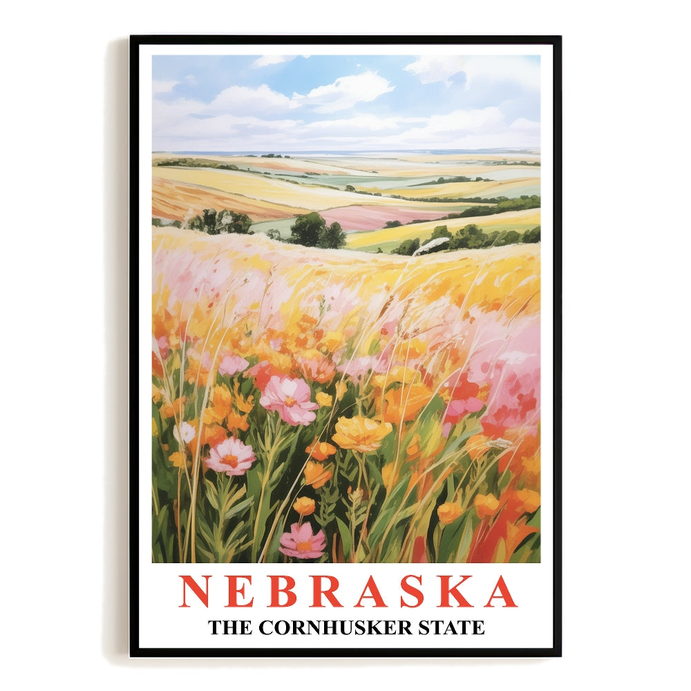 Nebraska Art Print Poster Rolling Hills Floral Fields Cornhusker State Travel Souvenir Wall Art Landscape Painting For Home Living Room Office Bedroom Decor Unframed | teecentury