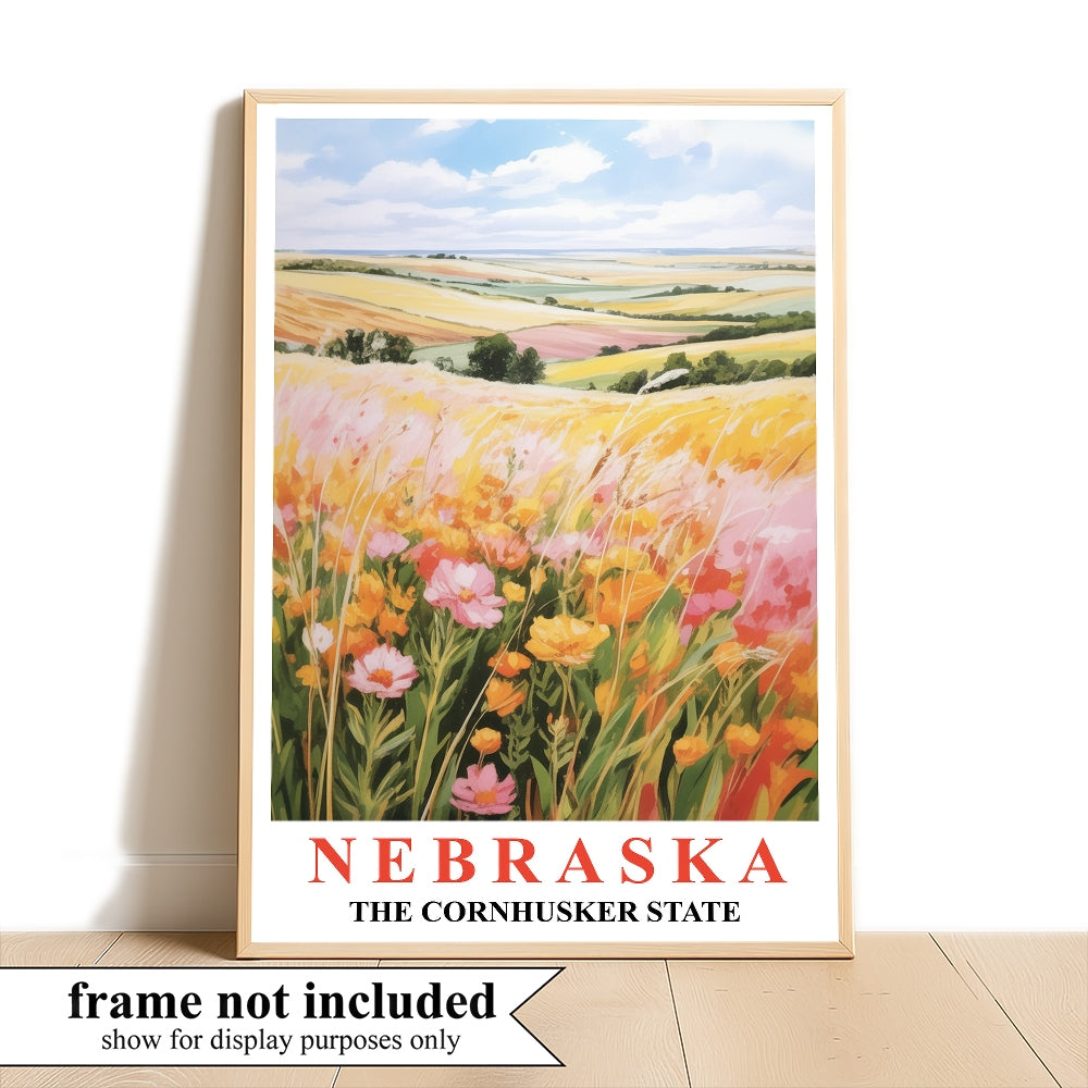 Nebraska Art Print Poster Rolling Hills Floral Fields Cornhusker State Travel Souvenir Wall Art Landscape Painting For Home Living Room Office Bedroom Decor Unframed | teecentury