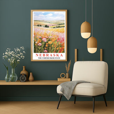 Nebraska Art Print Poster Rolling Hills Floral Fields Cornhusker State Travel Souvenir Wall Art Landscape Painting For Home Living Room Office Bedroom Decor Unframed | teecentury