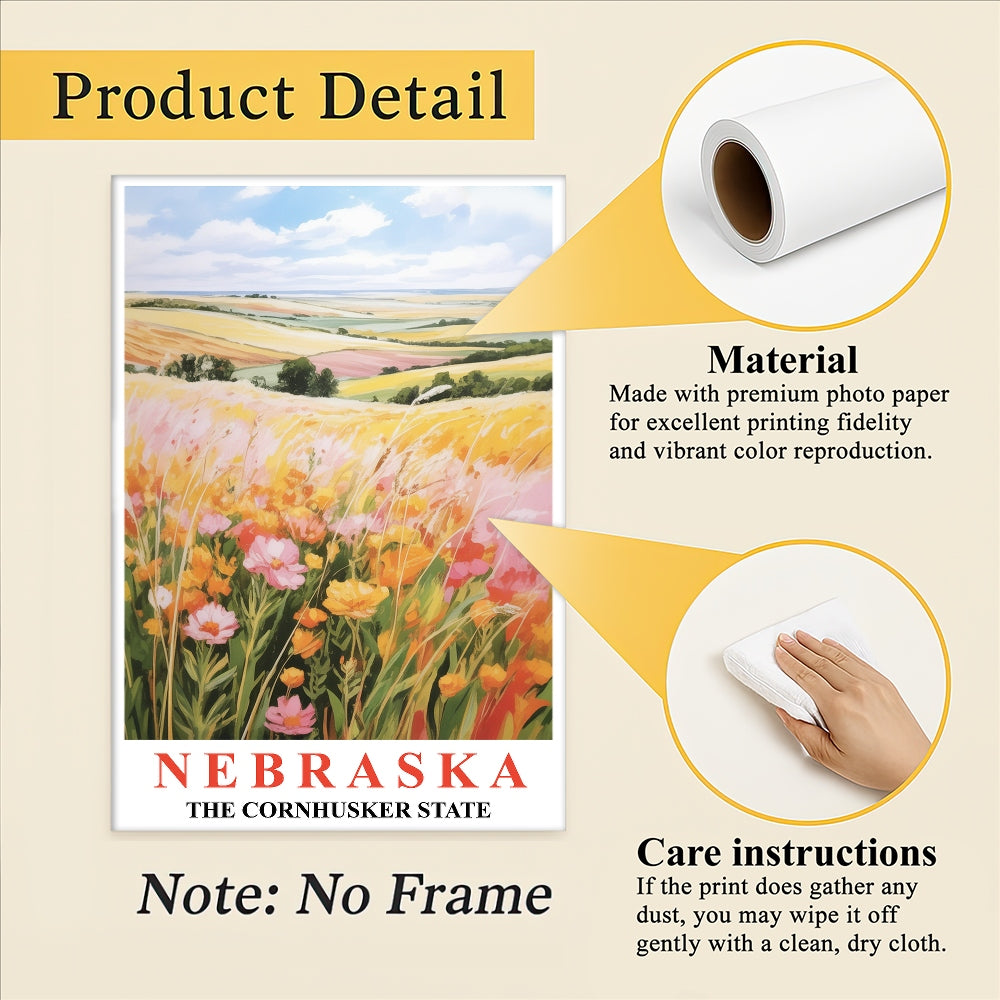 Nebraska Art Print Poster Rolling Hills Floral Fields Cornhusker State Travel Souvenir Wall Art Landscape Painting For Home Living Room Office Bedroom Decor Unframed | teecentury