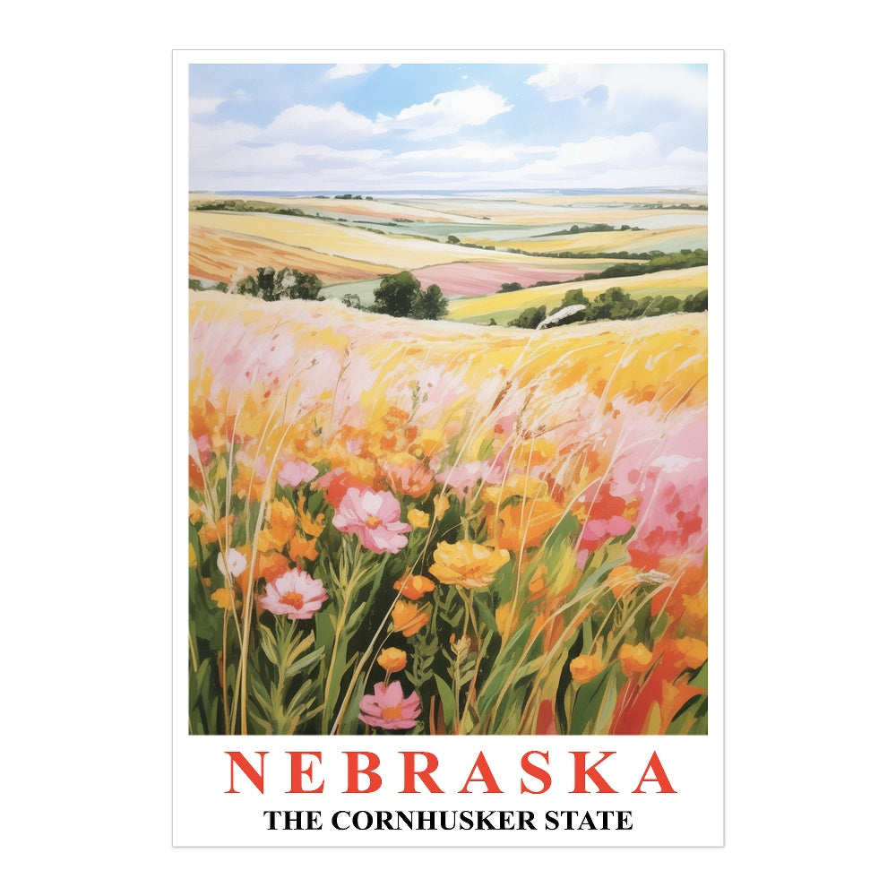 Nebraska Art Print Poster Rolling Hills Floral Fields Cornhusker State Travel Souvenir Wall Art Landscape Painting For Home Living Room Office Bedroom Decor Unframed | teecentury