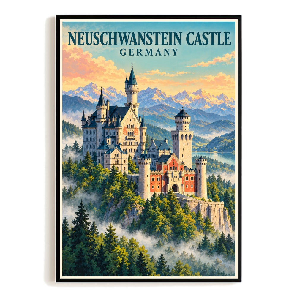Neuschwanstein Castle Germany Travel Poster Vintage Bavarian Alps Wall Art Print Fairytale Architecture Mountain Decor For Home Living Room Office Bedroom Gift Unframed | teecentury