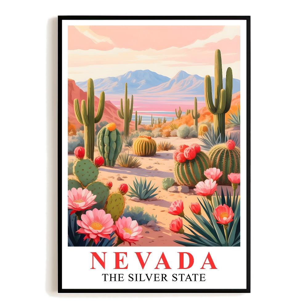 Nevada Print Travel Poster Desert Cactus Mountains Scenic State Souvenir Wall Art Landscape Painting Picture Ideal For Home Living Room Office Bedroom Decor Unframed | teecentury